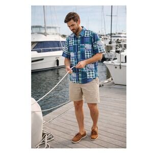 Vtg Chaps Men's M Madras Plaid Sailboat Print Shirt Green Blue Nautical Prep